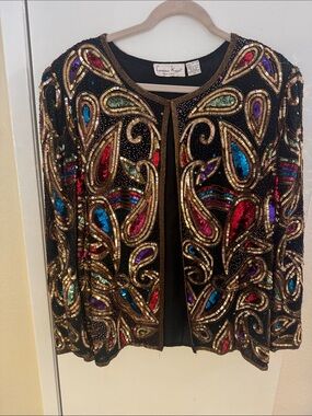 Laurence Kazar Black Beaded Jacket with Gold and Multicolor Sequins